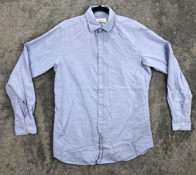 Massimo Dutti Shirt Mens Medium Blue Solid Chambray Long Sleeve Button Up Casual