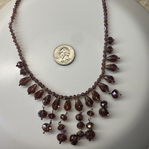 Elegant Purple Crystal Beaded Necklace Teardrop Dangle Statement Jewelry 17inch