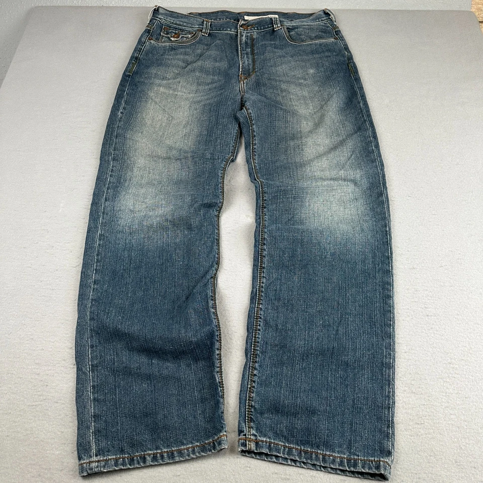 Pantalones de mezclilla DKNY vintage para hombre 38x32 azul lavado sucio pierna ancha estilo JNCO gótico holgados Y2K Foto 4 de 4