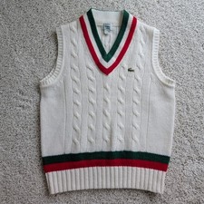 Vintage Izod Lacoste Mens Sweater Vest Sz M Cable Knit Ivory Preppy Tennis Golf