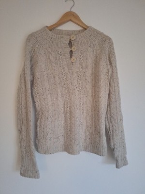 Eddie Bauer Damen Pullover weiß Zopfmuster Knopfleiste klein Wollmischung Vintage