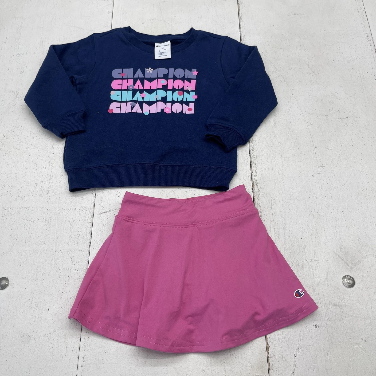 Champion Sweatshirt Skirt Outfit Set Toddler Girls 3T Navy Pink Logo 2 Piece