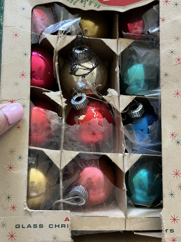 Vintage Box Of Smaller Shiny Brite Blown Glass Christmas Ornaments Lot Of 12