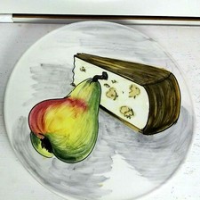 Vintage Ceramic Raised Serving Plate Appetizers Hand Painted Italy Pear & Cheese