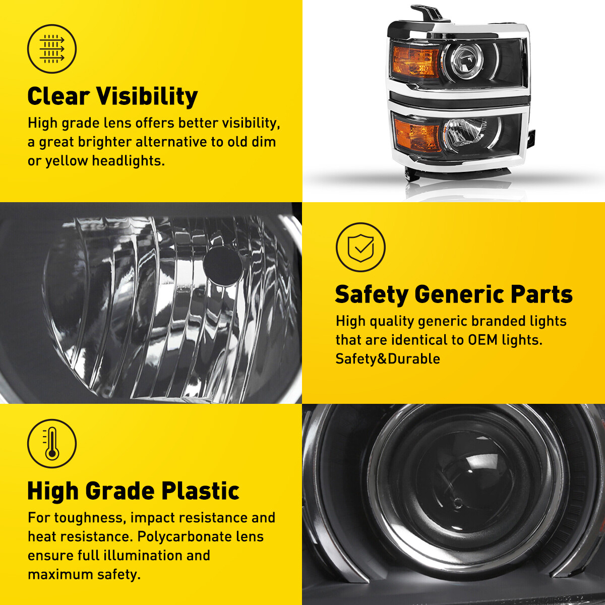 Pair Of Chrome Headlights For 2014-2015 Chevy Silverado 1500 - Complete Left &amp; Right Set