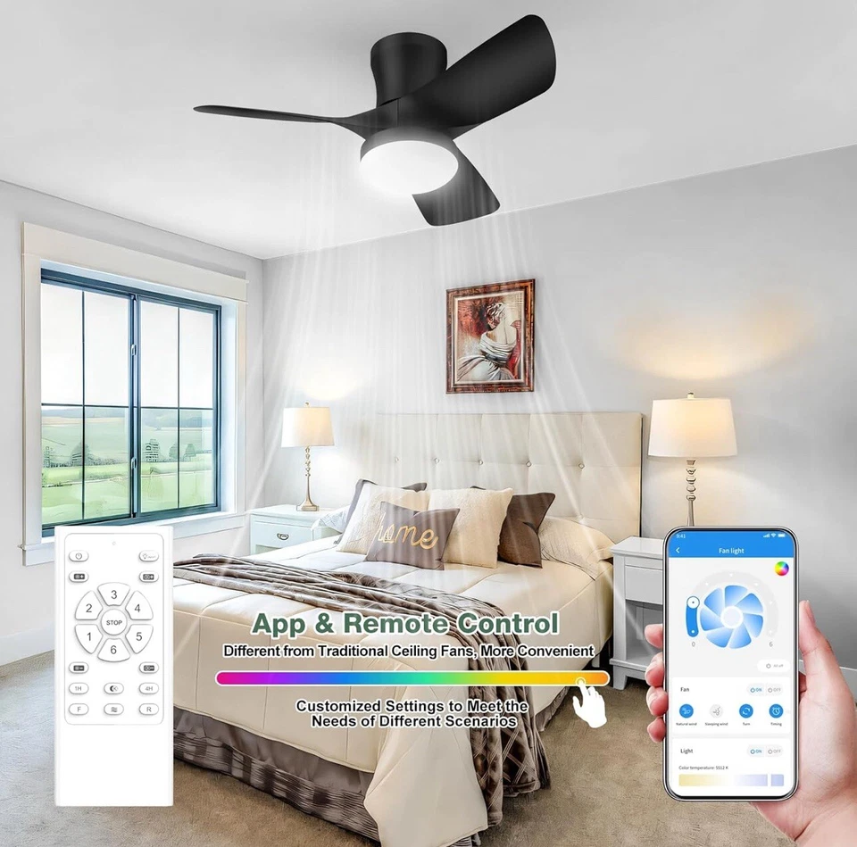 Ceiling Fan with Light 30 Inch Low Profile Remote Control APP Dimmable 6 Speeds - Image 2 of 4