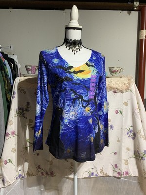 One World Top Black Cat Starry Night Halloween Size Small