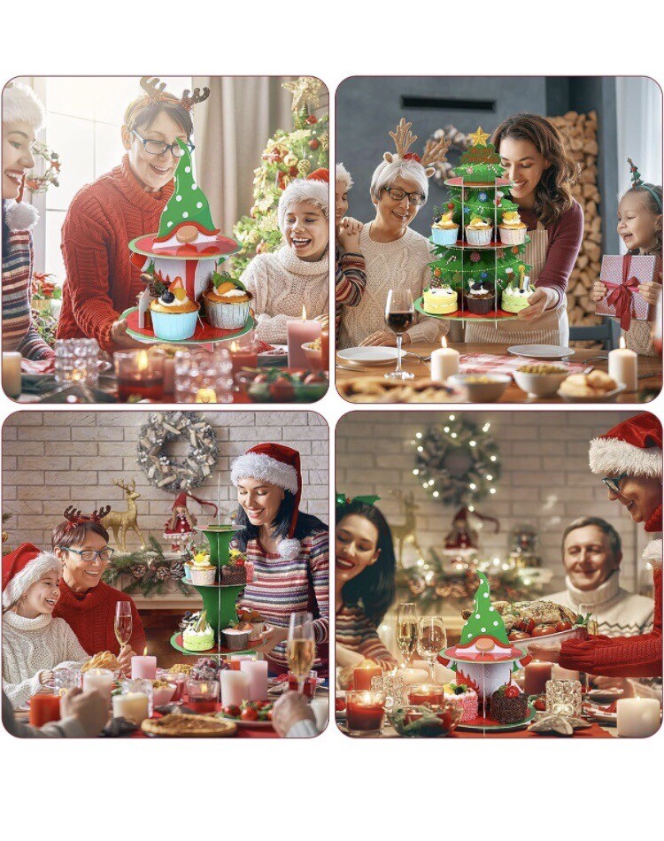 Christmas Cupcake Stand Decorations x 2 Christmas Tree & Gnome Shape