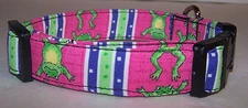 Wet Nose Designs Fun Frog Stripes Dog Collar Hot Pink Purple Green Frogs