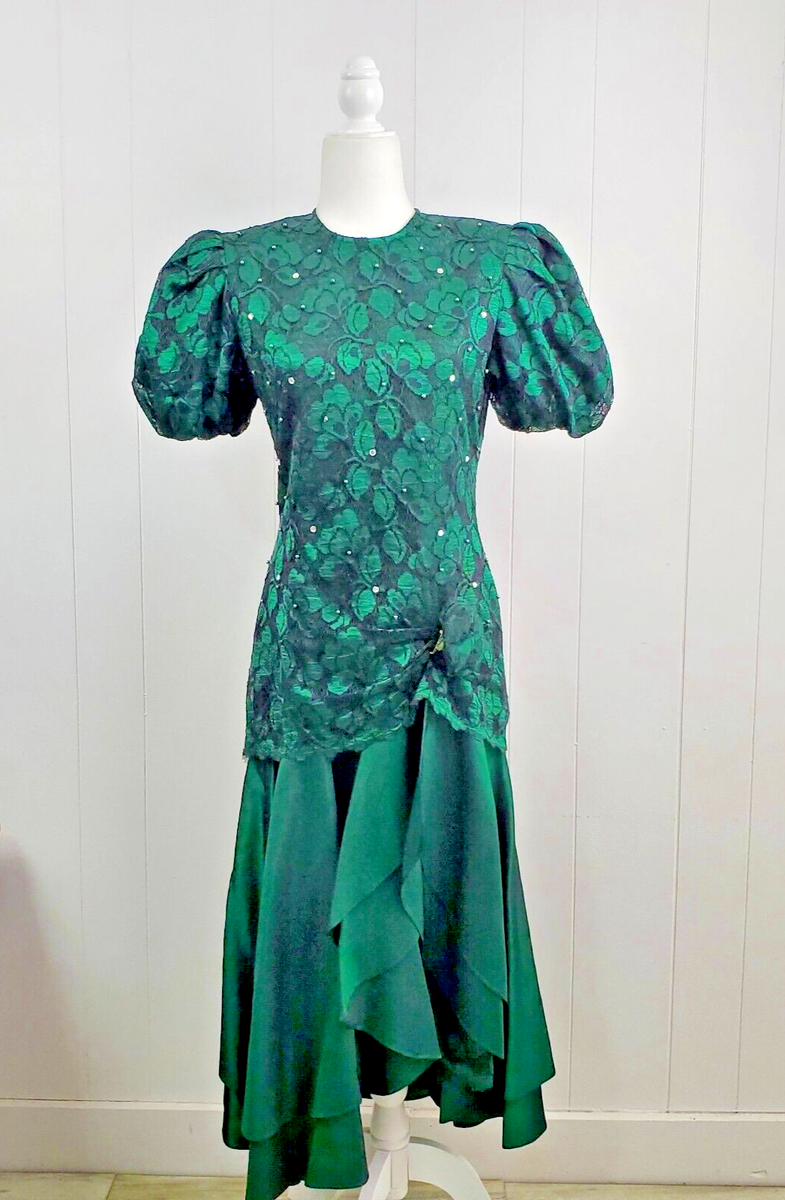 Vintage 80s Taffeta Green Lace Puff Sleeve Drop Waist Gatsby Prom