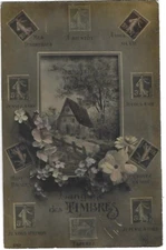 Old postcard stamps landscape and flowers