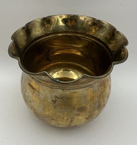 Vintage Brass Round Planter Ruffled Rim 4” T 4.5”W Nice Patina - Picture 14 of 20