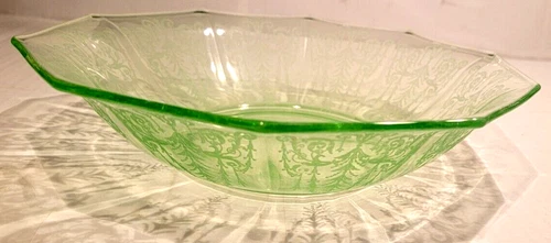 Cambridge "Cleo" Depression  Glass Green Uranium  Floral Embossed  Octagon  Bowl
