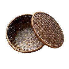 Vintage Brown Wicker Woven Wood Basket Boho Trinket Jewelry With Lid 8" Diameter