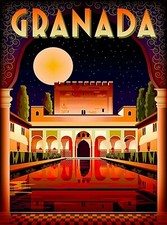 Granada Alhambra Palace at Night Spain Retro Wall Decor Travel  Art Poster Print