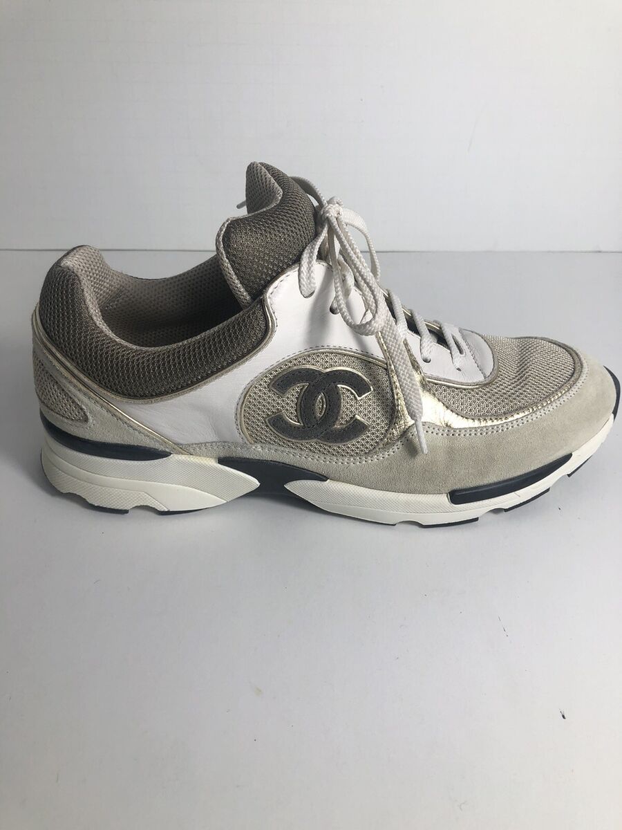 Chanel Women's CC Logo Sneakers White Leather, Bone Suede Chanel Women's CC Logo Sneakers White Leather, Bone Suede