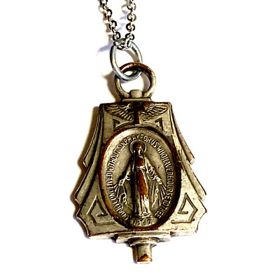 Vintage Immaculate Conception Virgin Mary Necklace Silver Tone Medal Italian