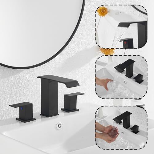 Waterfall Bathroom Faucet Matte Widespread 3 Holes 2 Handle Widespread 2 Black - Picture 5 of 8