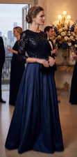 Eliza J Formal Gown Dress Size 14 Black Sequin Lace Top Blue Faille Ballgown 3/4