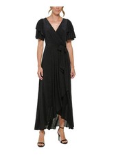 DKNY Womens Black Lined Self-tie Belt Hem Flutter Sleeve Maxi Dress 4