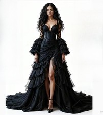 Gothic Black Corset Wedding Dresses Long Bell Lace Sleeve Ruffle High Slit Gown