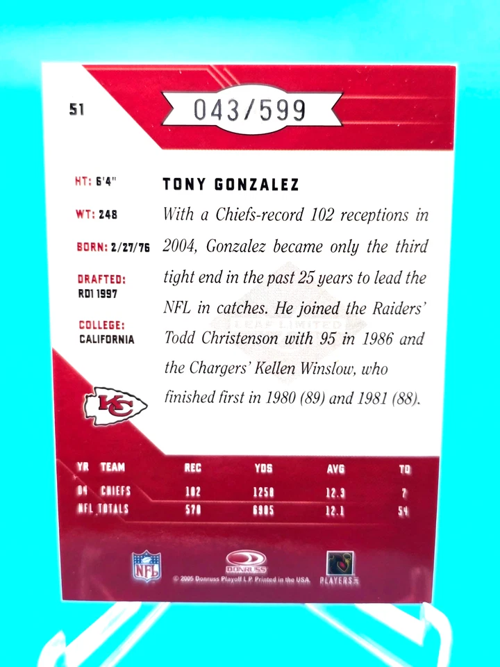 Tony Gonzalez 2005 Leaf Limited 43/599 #51 Kansas City Chiefs - Image 2 of 2