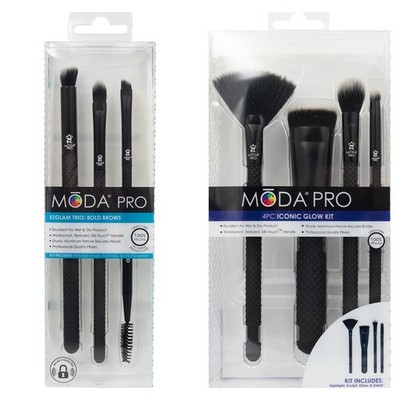 MODA Pro EZGlam Trio Bold Brows 3pc + Iconic Glow 4pc Brush Set Black