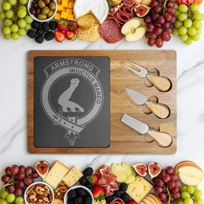 Clan Armstrong Crest Engraved Charcuterie Board   Invictus Maneo