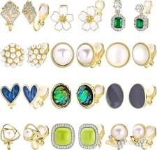 12 Pairs Clip On Earrings for Women - Non Pierced Crystal Pearl Stud Jewelry Set