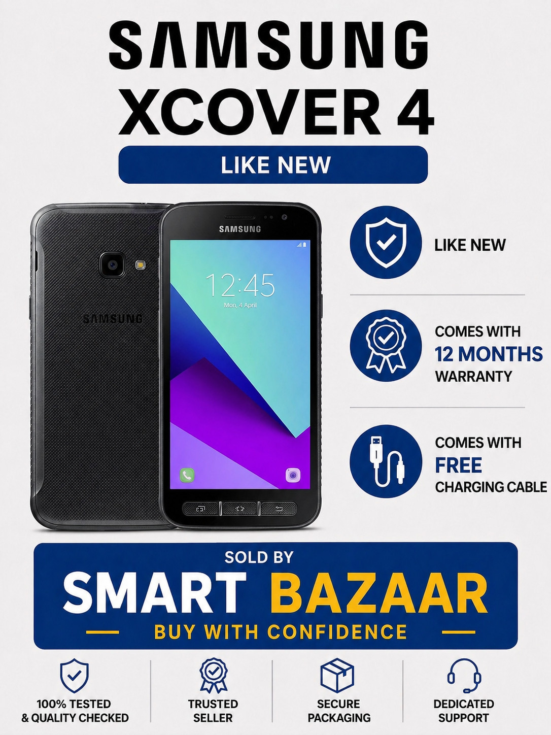New Condition Samsung Galaxy Xcover 4 Black Unlocked 16GB Rugged Smartphone