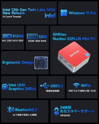 GMKtec Mini PC N150 12GB 512GB SSD Win11 Pro WiFi6 BT5.2 3.6GHz