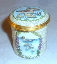 Halcyon Days Enamels England Tall Cylindrical Box Ducks and Their Chicks in Box