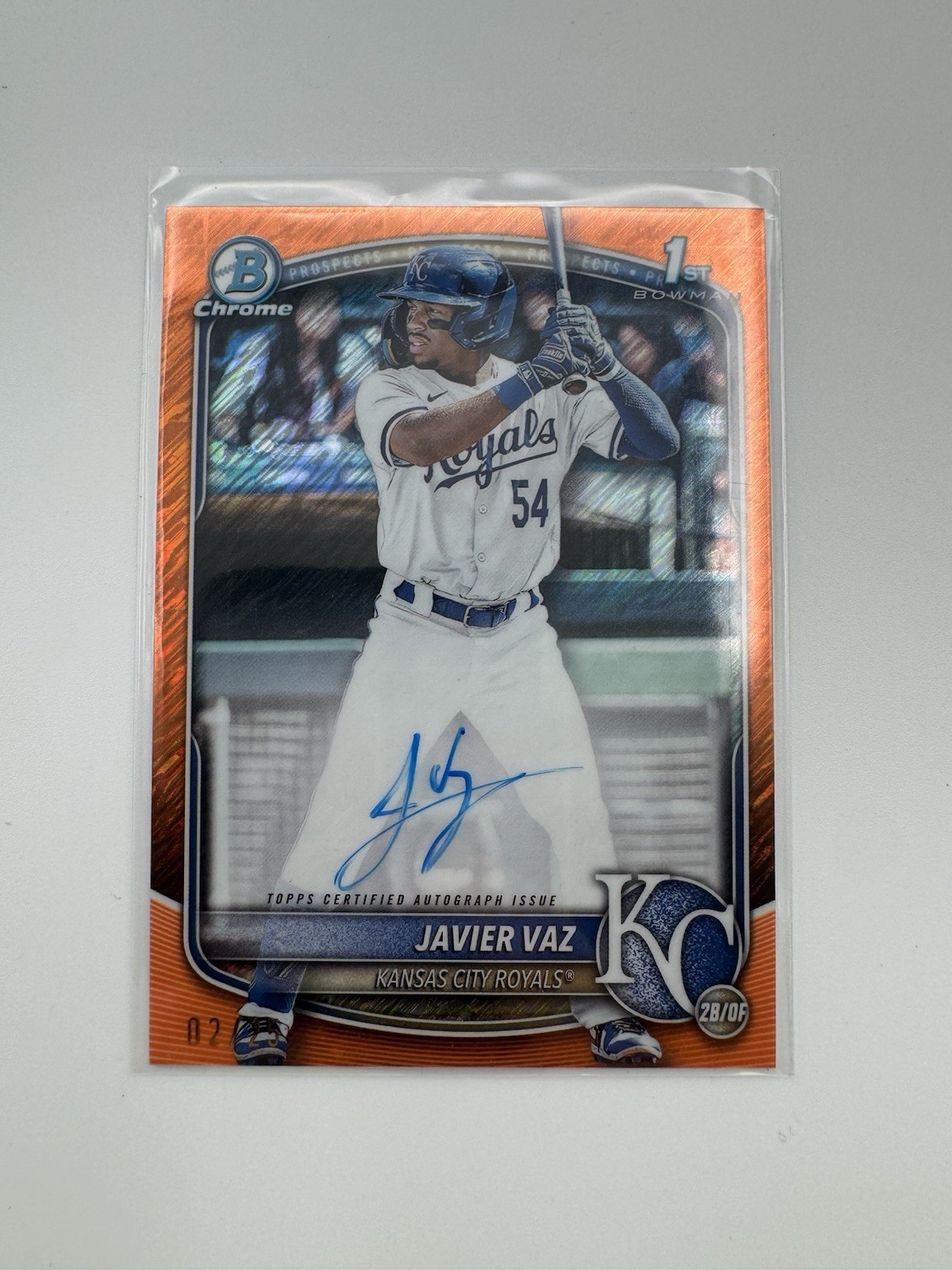 2025 Bowman Chrome Prospect Javier Vaz #CPA-JVA Orange Shimmer Auto /25 Royals