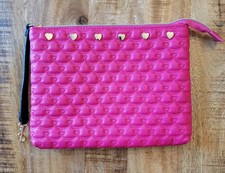 Betsey Johnson Kitsch Quilted Hot Pink Pouch Clutch Wrislet Gold Hearts