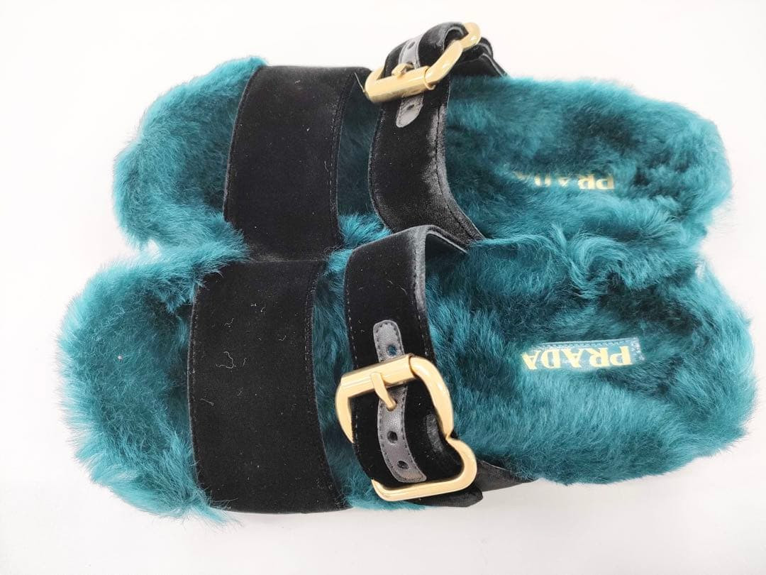 PRADA fur sandals in shearling and velvet teal green, women's size 38 From Japan thumbnail 4