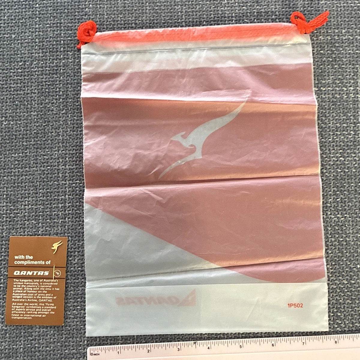 Vintage Qantas Airline Collectable Drawstring Bag with Compliment Card and Badge