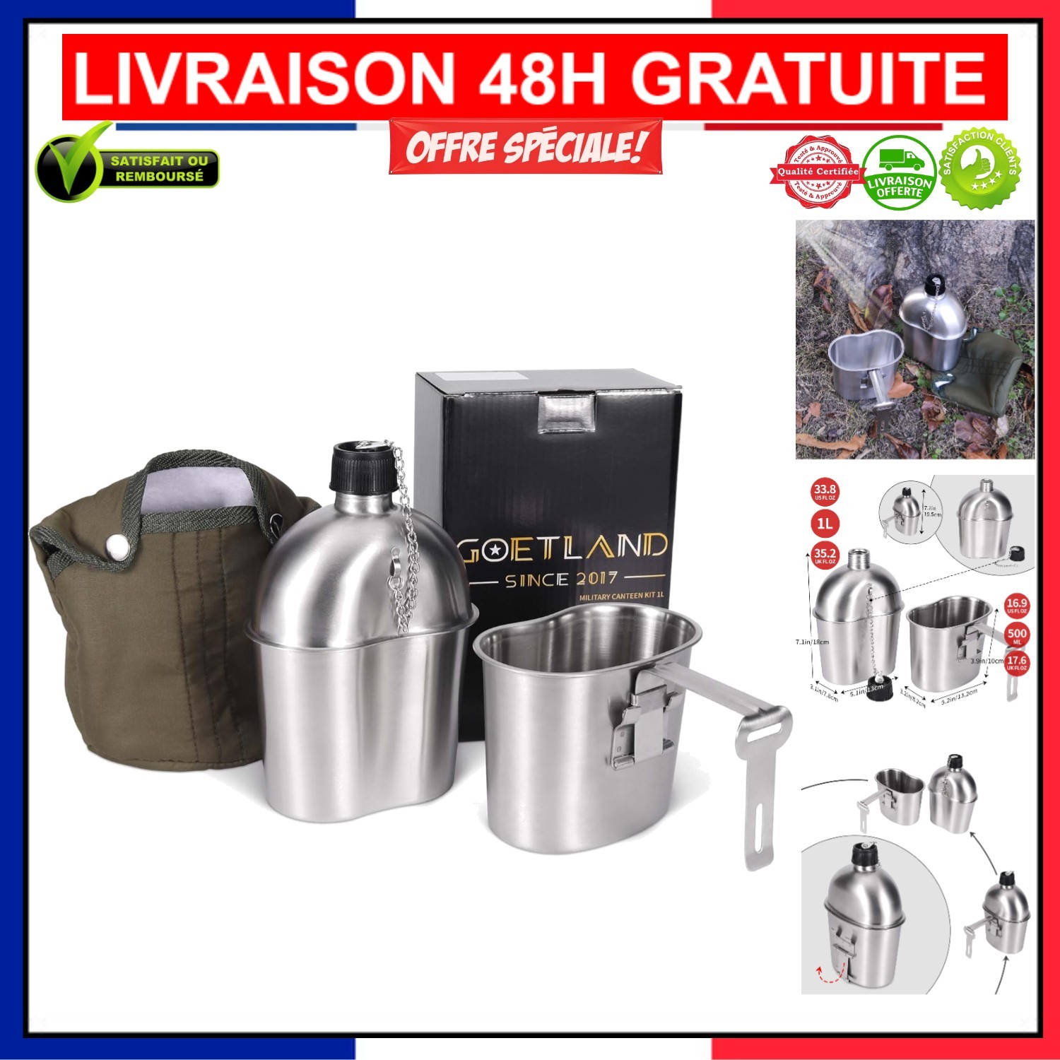 Gourde 1L inox et tasse pour bivouac et randonnée en forêt sauvage
