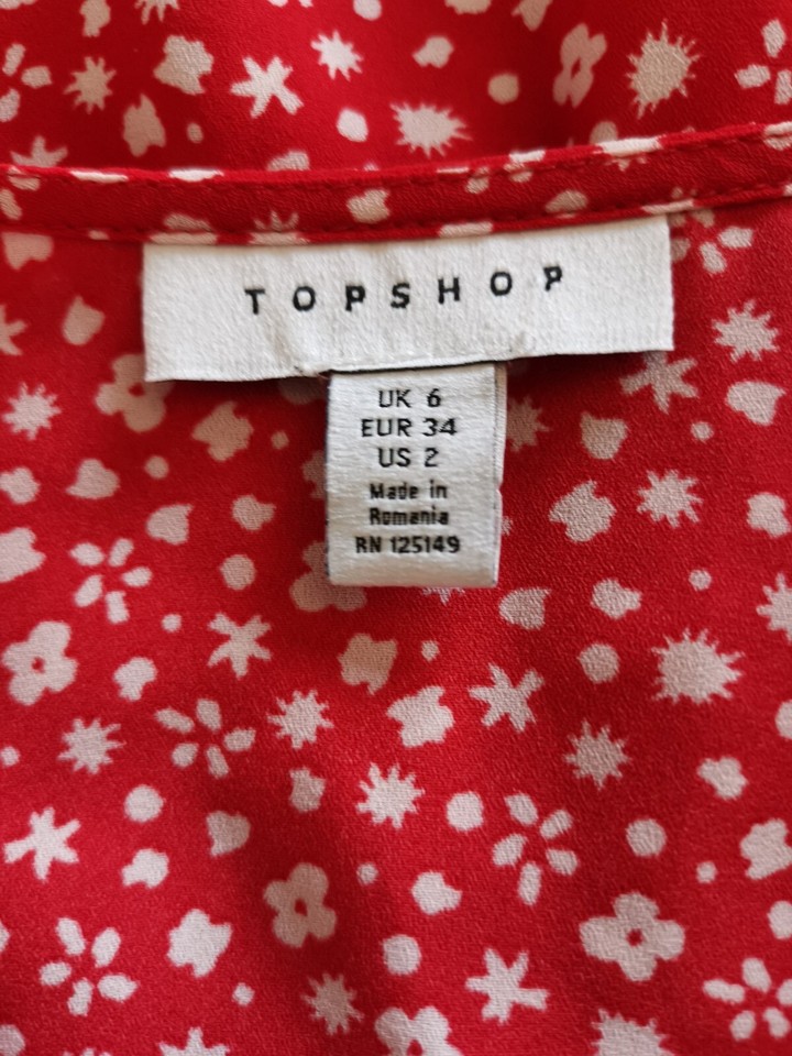 Top Shop Red Floral Print Fitted Ruched Blouse Top Shirt Size 8🌹 VGC