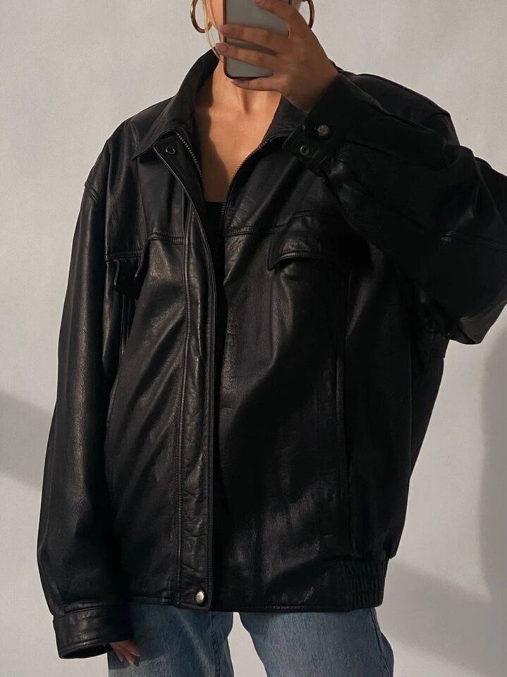 90s vintage MIXED BLUES レザーボンバージャケット 黒 M Womens Oversized Leather Jacket 90s Fashion Black Real Leather