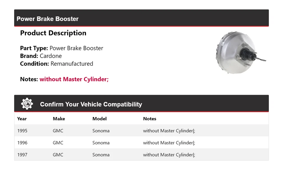 Para GMC Sonoma 1995-1997 Power Brake Booster Cardone 1996 Foto 2 de 4