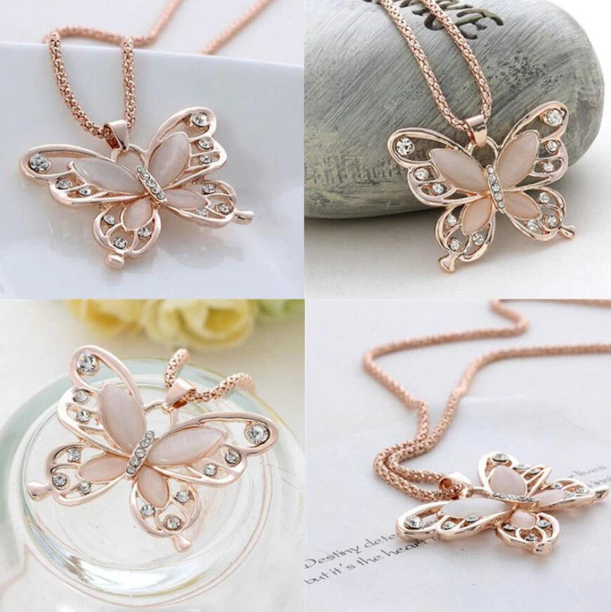 Moda Mujeres Oro Rosa Ópalo Mariposa Dije Colgante Cadena Larga Collar Joyería Foto 4 de 4