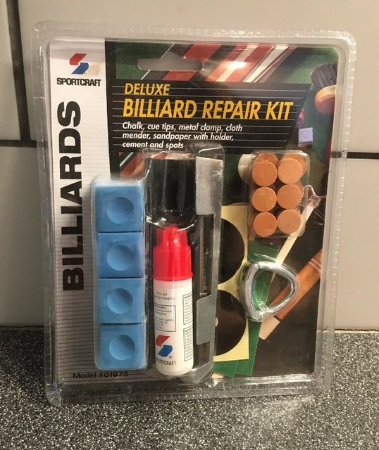 SPORTCRAFT DELUXE BILLIARD REPAIR KIT / Chalk, Cue Tips, Metal Clamp
