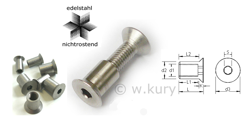 RYSUPPLY Hülsenmuttern M6 X 16 - Edelstahl A1 Mit Senkkopf & Innensechskant, 5 Stück