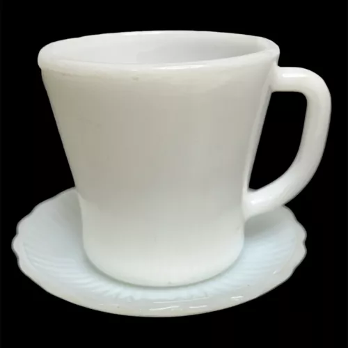 Vintage Fire King Anchor Hocking Milk Glass Coffee Tea Mug Saucer Cup D Handle