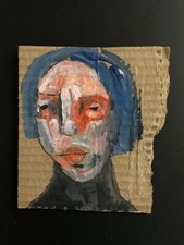 Portrait Painting Original Ugly Lady Cardboard Primitive Painterly Outsider Art
