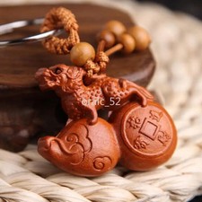 Chinese Peach Wood Carved Brave Troops Gourd Cucurbit Exquisite Car Key Chain