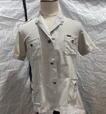 Vintage 1930s 40s Style 60s Short Sleeve Pleated Patch Pocket Belted Back Shirt
