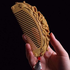 130*58*13mm Water Hibiscus Pattern Hand Carving Boxwood Crafts Gift Comb
