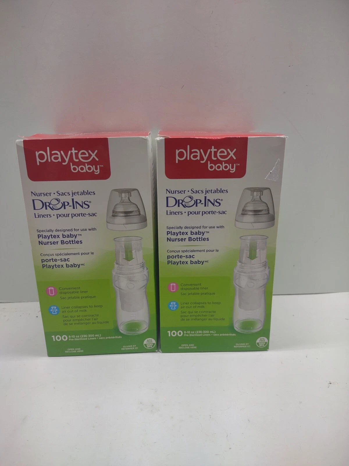 Lot of 2 Playtex Baby Nurser Drop-Ins Liners 8-10 oz 100 Disposable Liners New!
