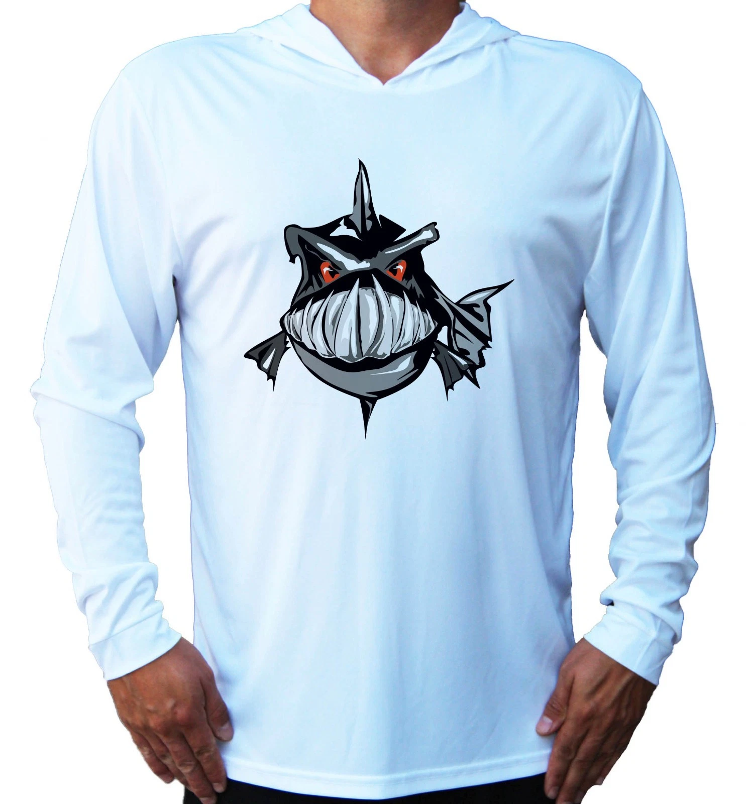 Fish Piranha Art UV Protected UPF 50 Long Sleeve Fishing Boat Water Sport Hood